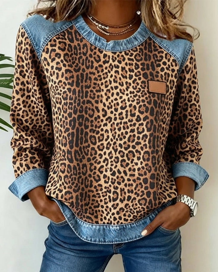 Women's Leopard Print Sweatshirt with Denim Trim - Ophelia - Brown