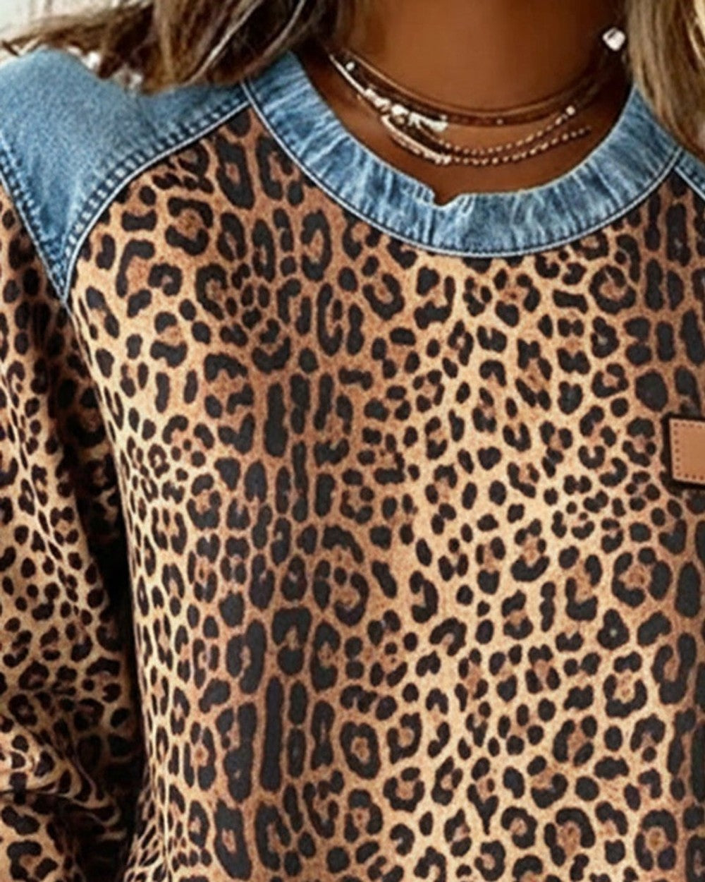 Women's Leopard Print Sweatshirt with Denim Trim - Ophelia - Brown