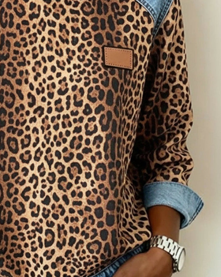 Women's Leopard Print Sweatshirt with Denim Trim - Ophelia - Brown
