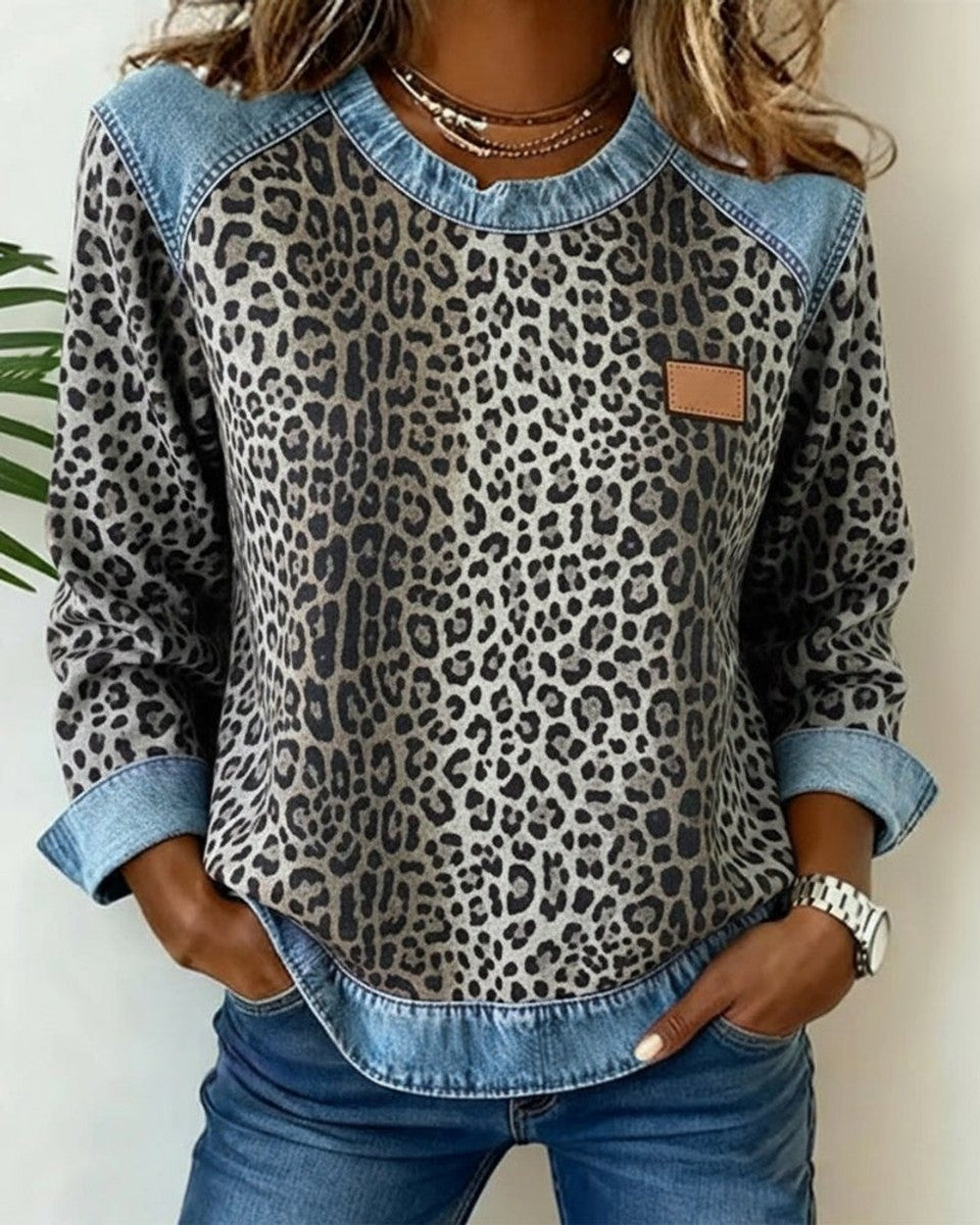 Women's Leopard Print Sweatshirt with Denim Trim - Ophelia - Gray