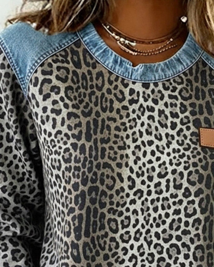 Women's Leopard Print Sweatshirt with Denim Trim - Ophelia - Gray