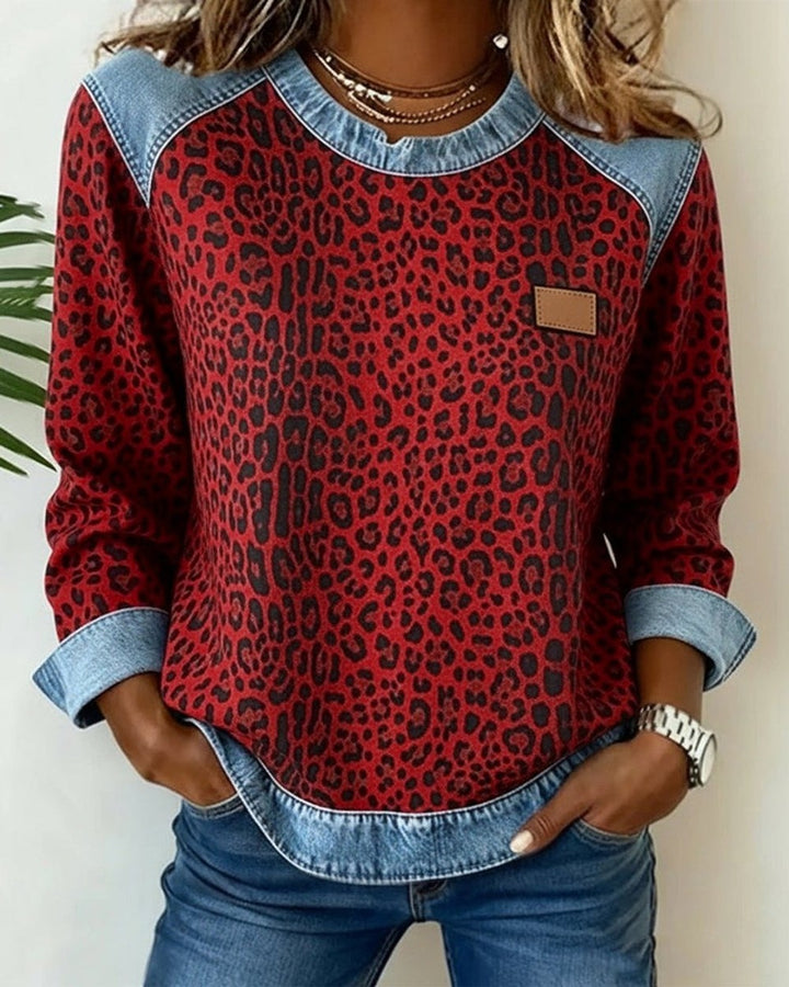 Women's Leopard Print Sweatshirt with Denim Trim - Ophelia - Red