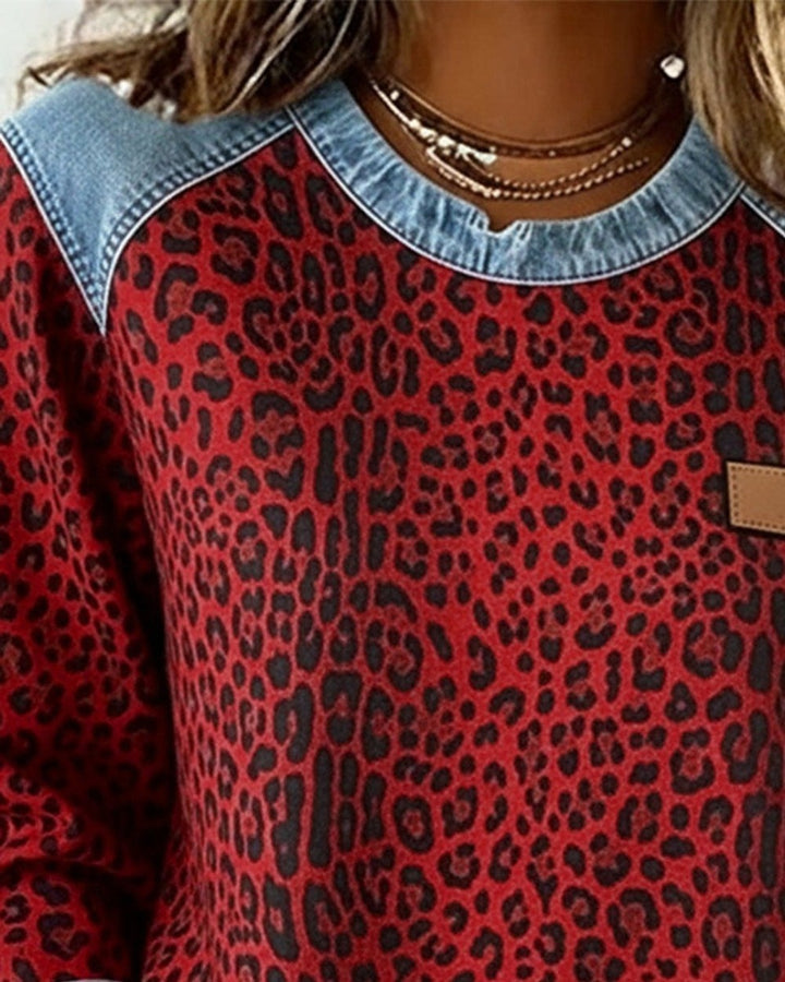 Women's Leopard Print Sweatshirt with Denim Trim - Ophelia - Red