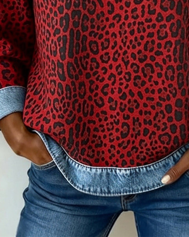Women's Leopard Print Sweatshirt with Denim Trim - Ophelia - Red