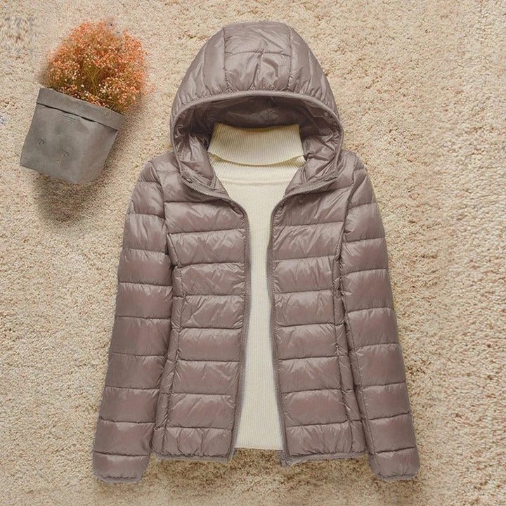 Women's Light Hooded Puffer Jacket - Uma - Taupe