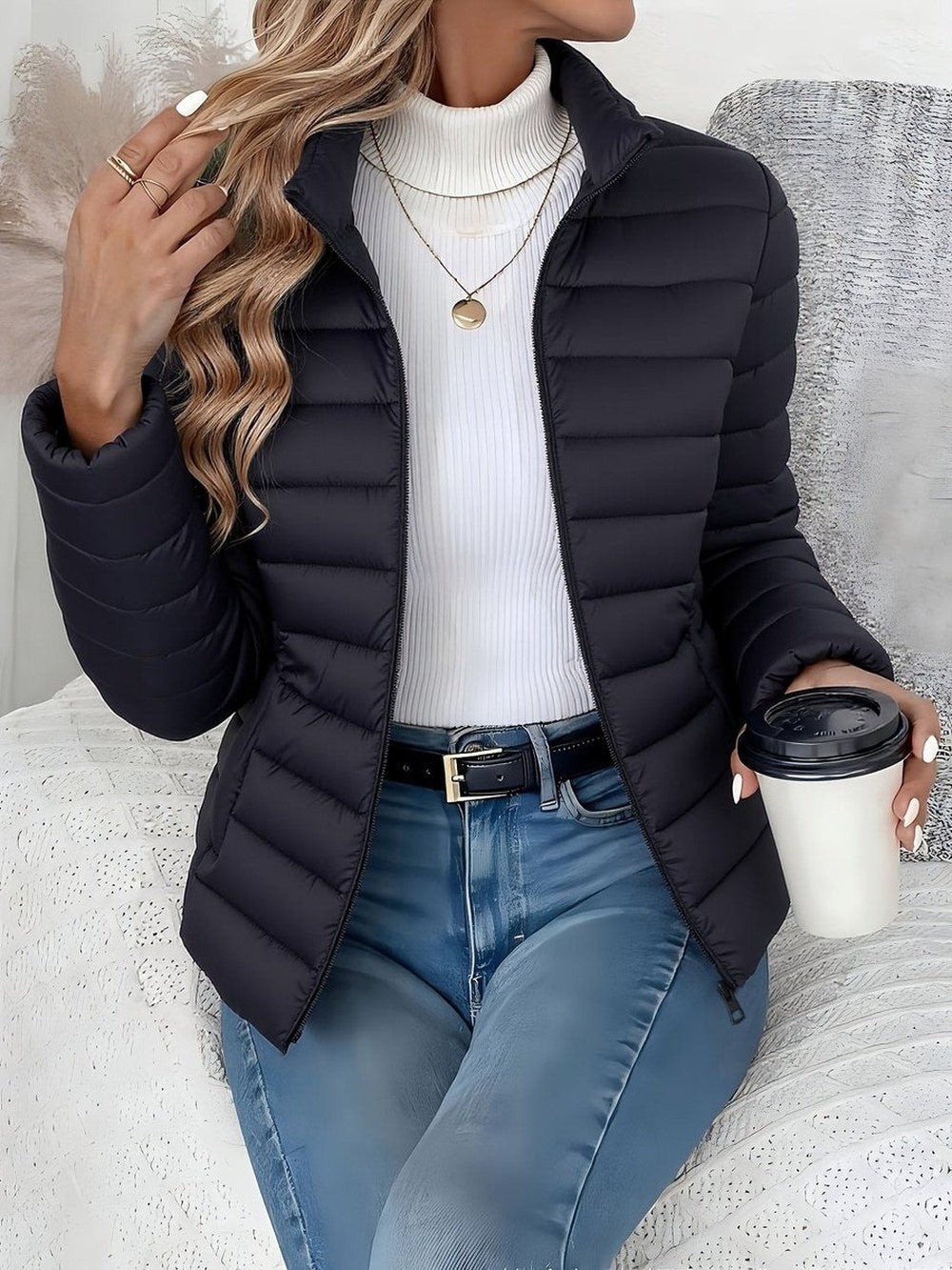 Women's Lightweight Puffer Jacket with Stand Collar - Winona - Black