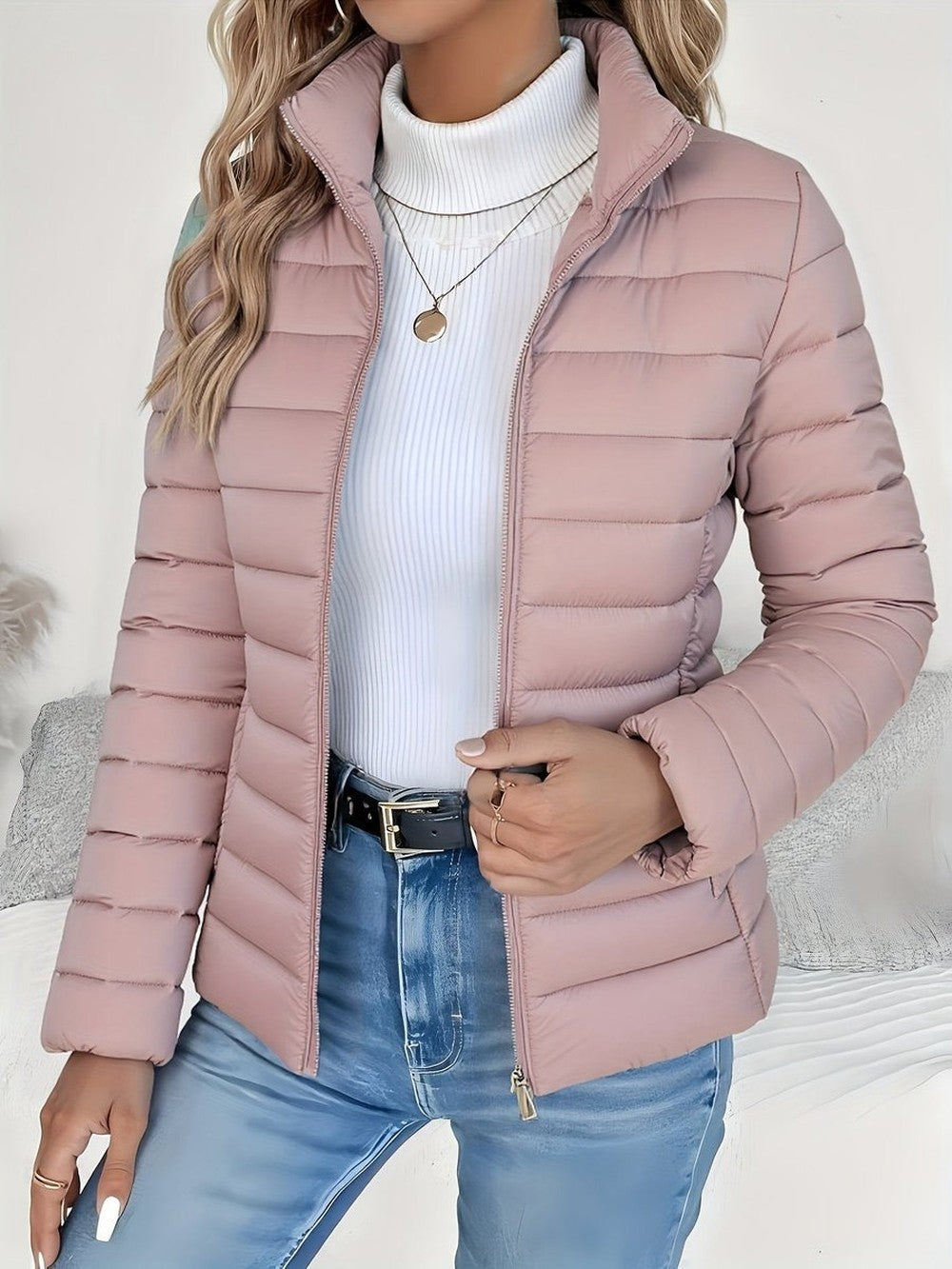 Women's Lightweight Puffer Jacket with Stand Collar - Winona - Dusty Pink