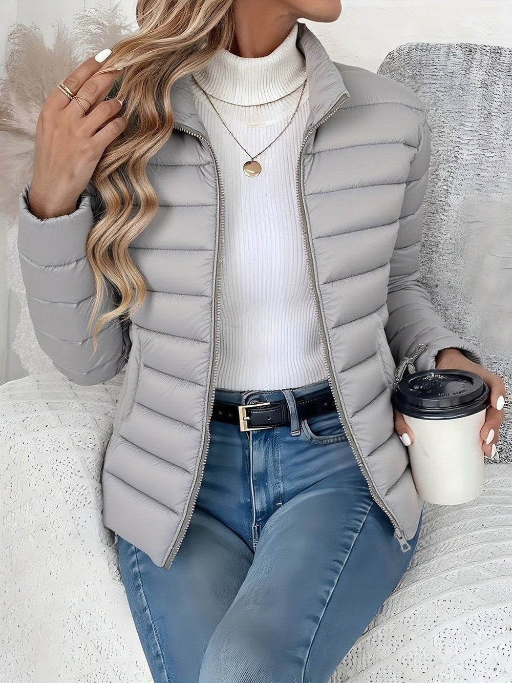 Women's Lightweight Puffer Jacket with Stand Collar - Winona - Gray
