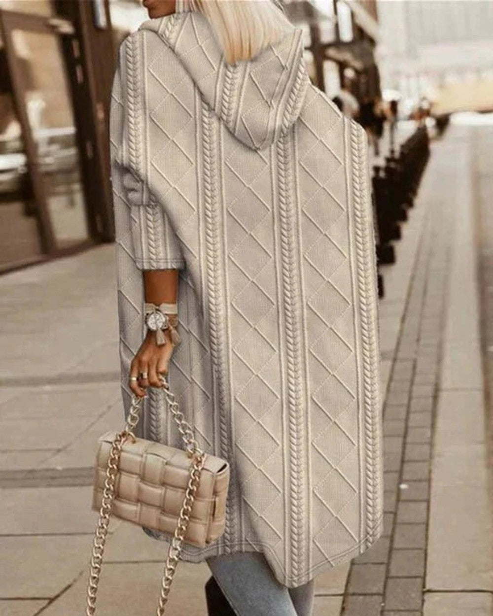 Women's Long Chunky Cardigan with Hood - Eliza - Beige