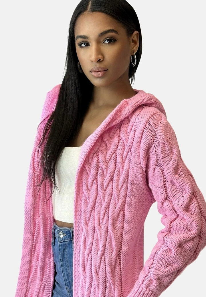 Women's Long Chunky Cardigan with Hood - Eliza - Pink
