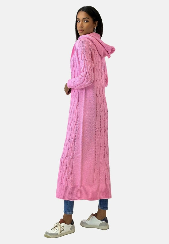Women's Long Chunky Cardigan with Hood - Eliza - Pink