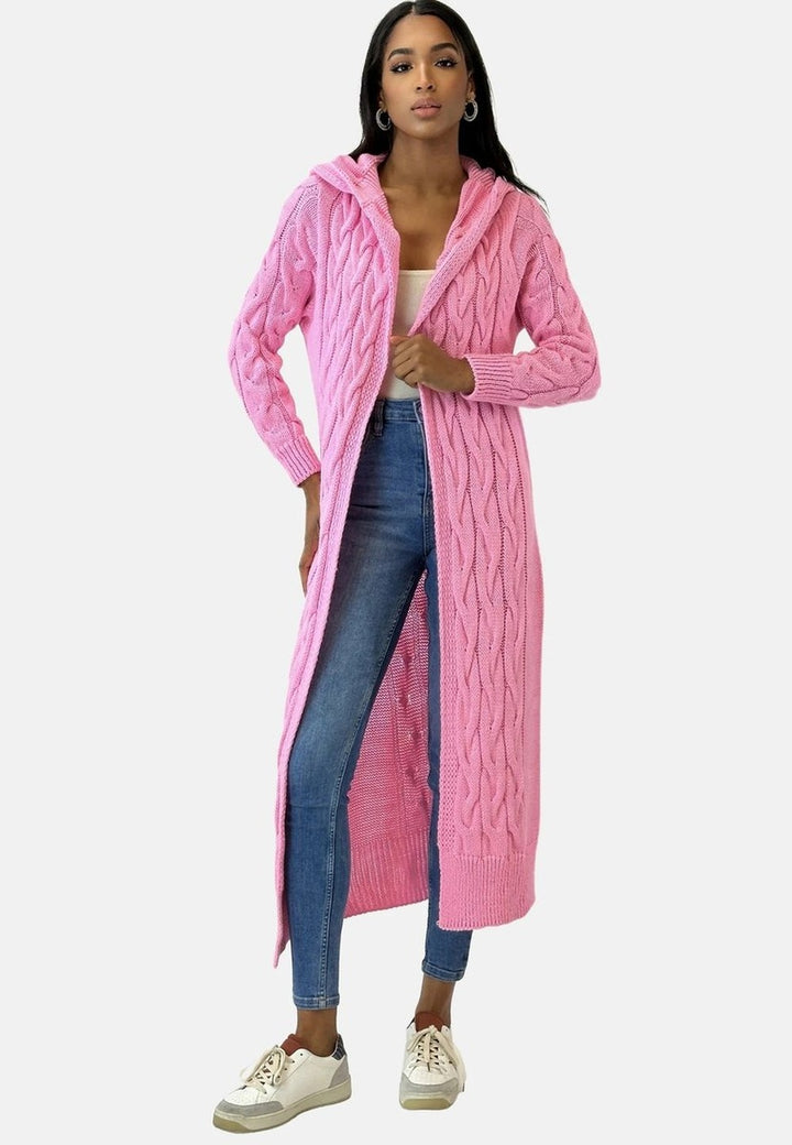 Women's Long Chunky Cardigan with Hood - Eliza - Pink