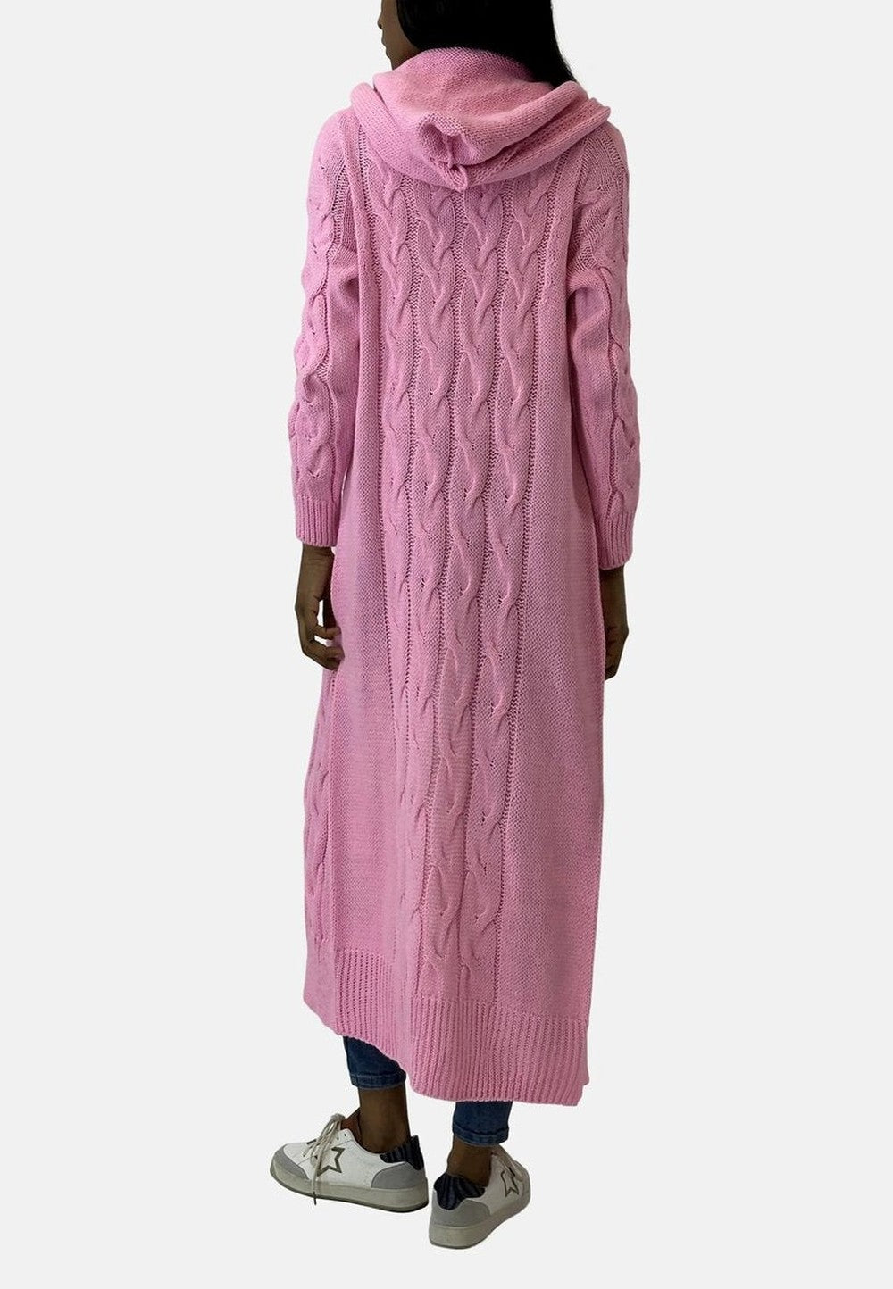 Women's Long Chunky Cardigan with Hood - Eliza - Pink