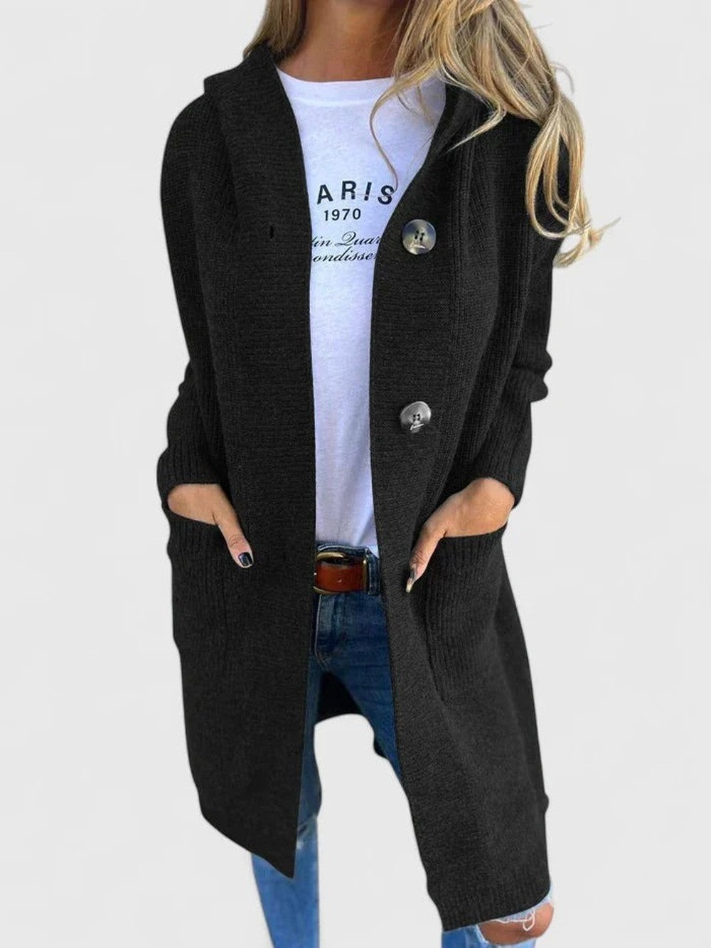 Women's Long Hooded Cardigan with Deep Pockets - Kaia - Black