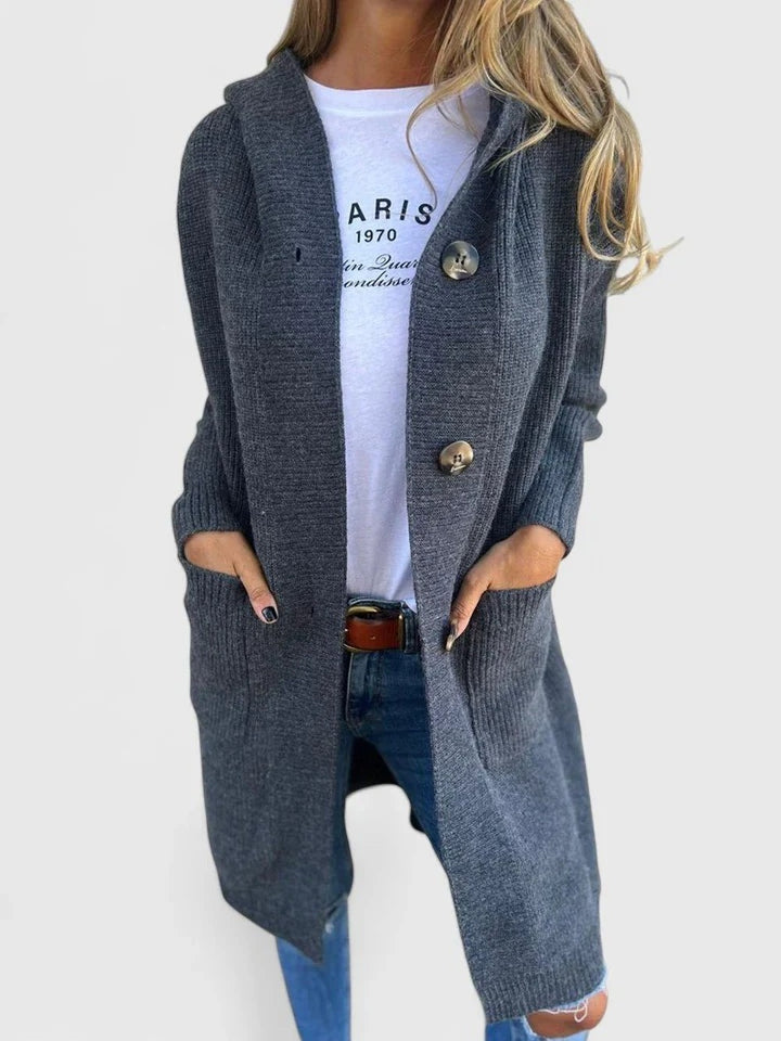 Women's Long Hooded Cardigan with Deep Pockets - Kaia - Charcoal