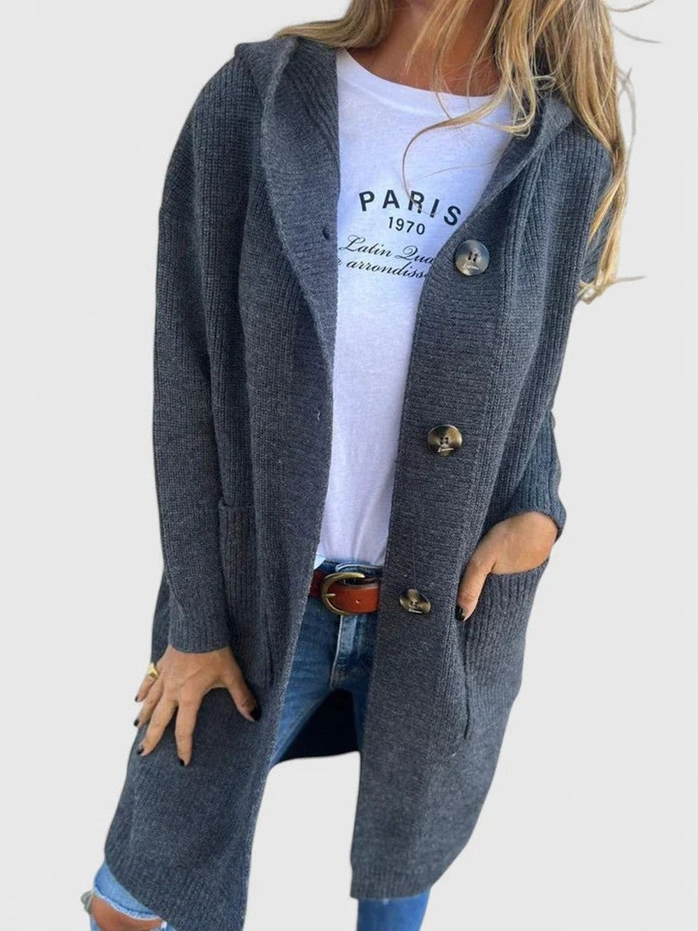 Women's Long Hooded Cardigan with Deep Pockets - Kaia - Charcoal
