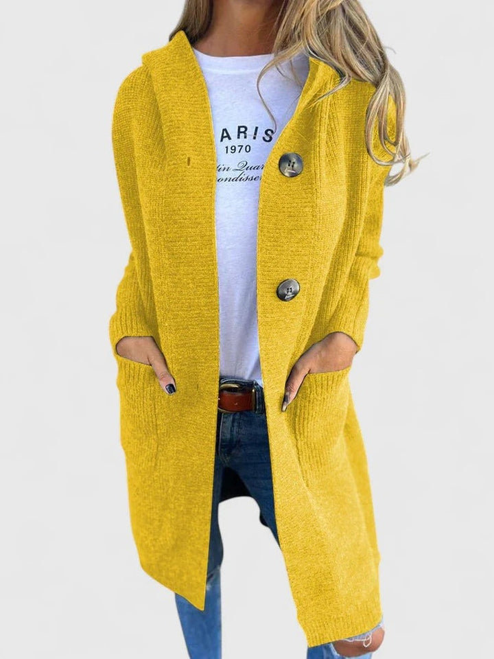 Women's Long Hooded Cardigan with Deep Pockets - Kaia - Mustard