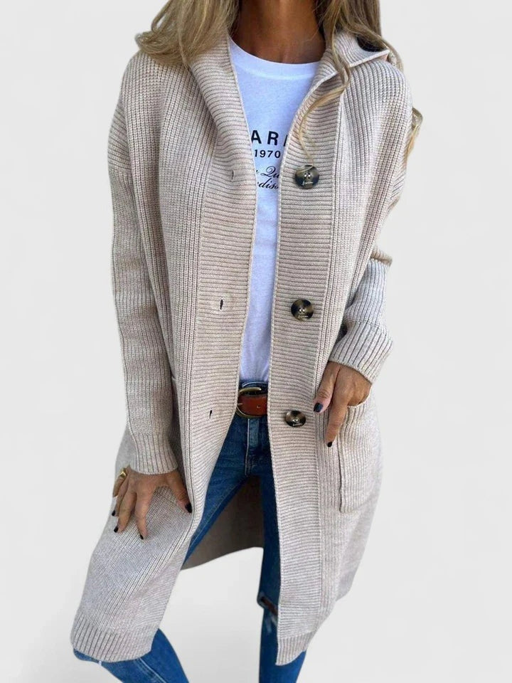 Women's Long Hooded Cardigan with Deep Pockets - Kaia - Oatmeal
