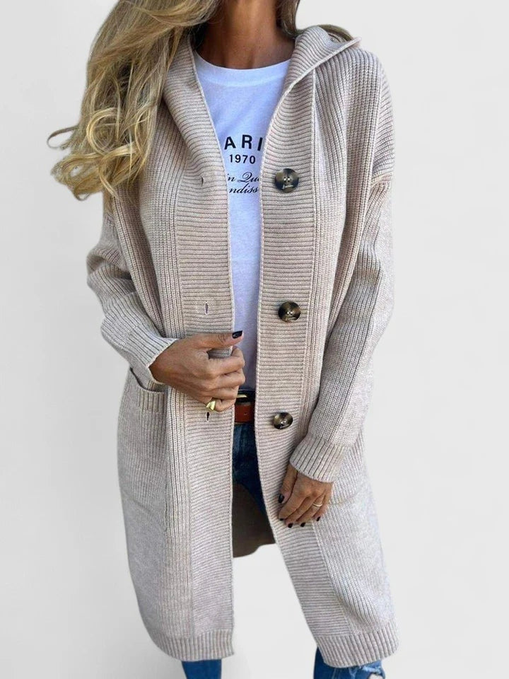 Women's Long Hooded Cardigan with Deep Pockets - Kaia - Oatmeal
