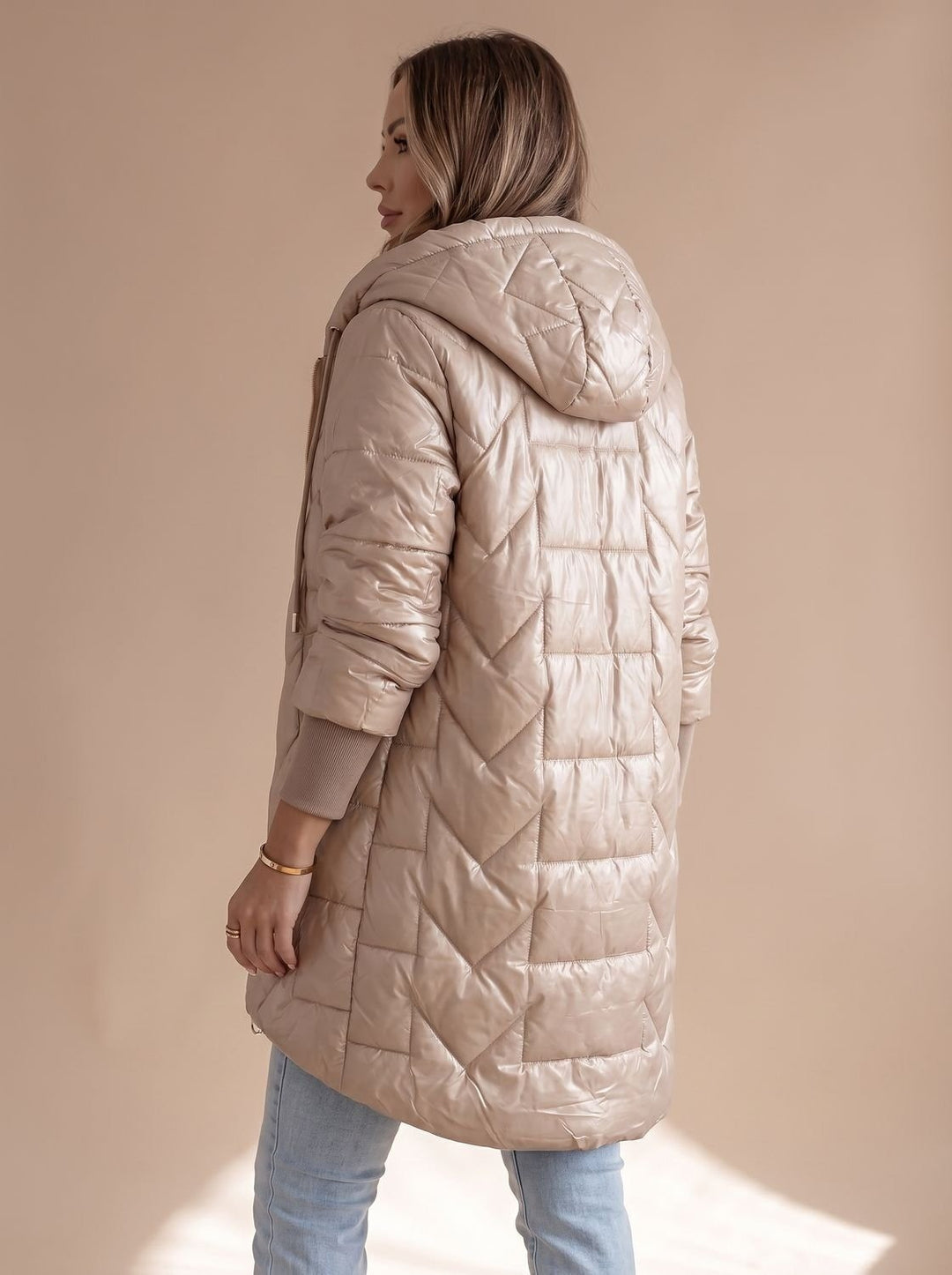 Women's Long Hooded Puffer Coat with Zip Front - Saoirse - Beige