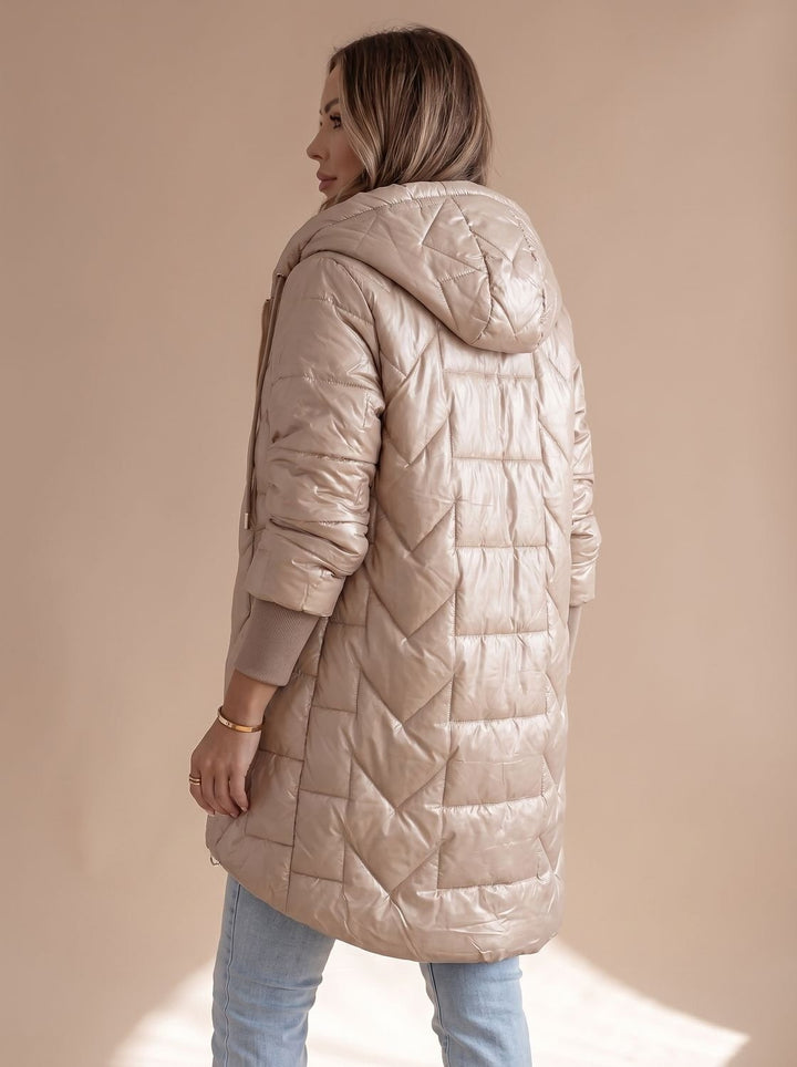 Women's Long Hooded Puffer Coat with Zip Front - Saoirse - Beige