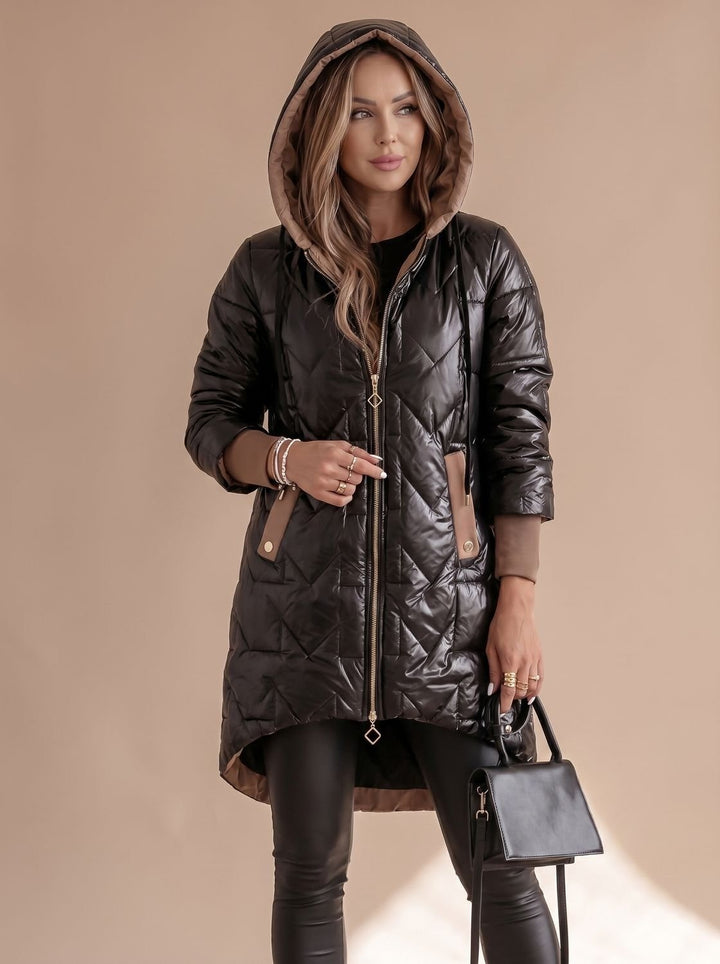 Women's Long Hooded Puffer Coat with Zip Front - Saoirse - Black