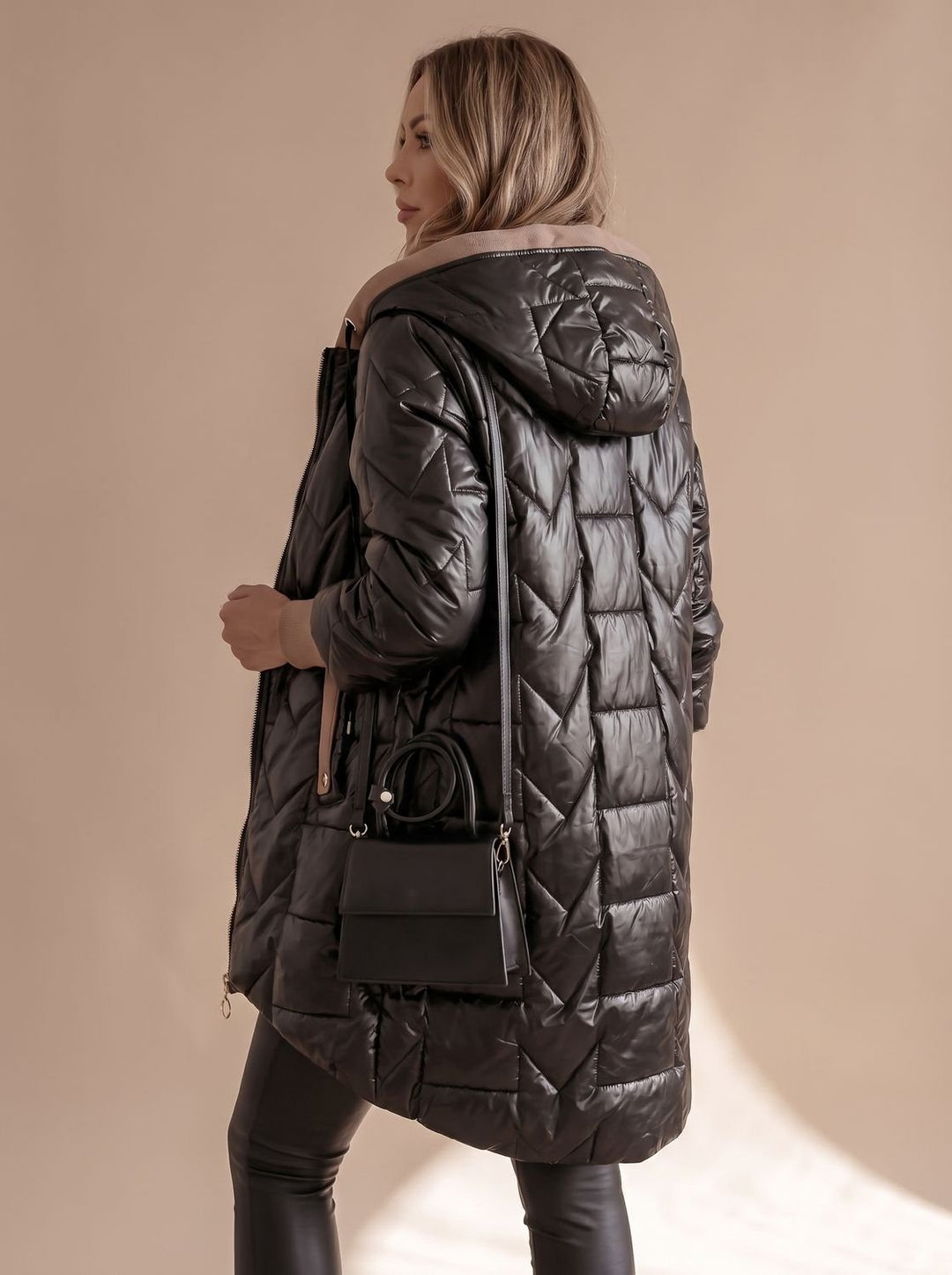 Women's Long Hooded Puffer Coat with Zip Front - Saoirse - Black