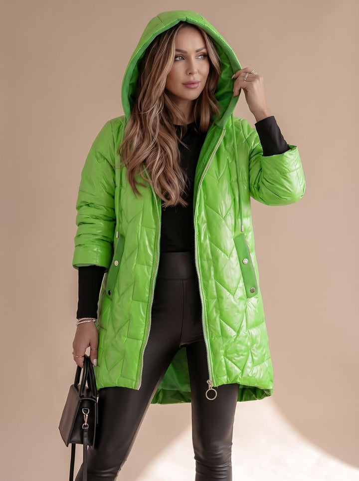 Women's Long Hooded Puffer Coat with Zip Front - Saoirse - Lime Green