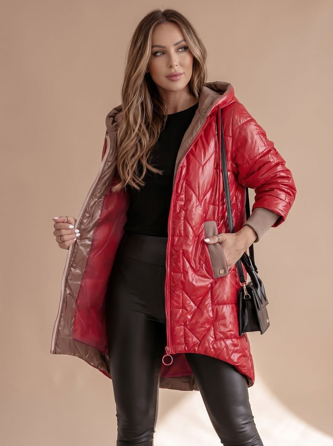 Women's Long Hooded Puffer Coat with Zip Front - Saoirse - Red