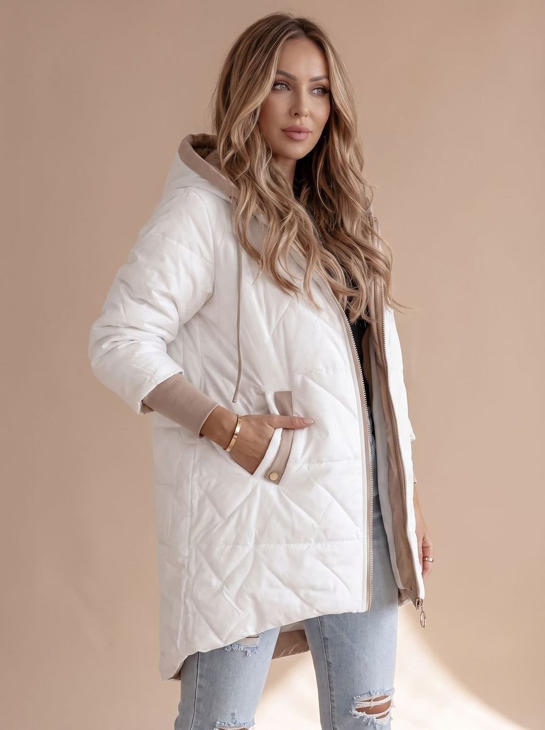 Women's Long Hooded Puffer Coat with Zip Front - Saoirse - White