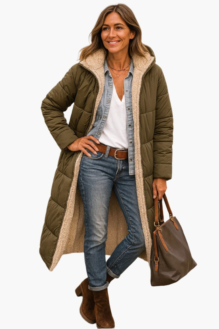 Women's Long Hooded Puffer Jacket - Alma - Army Green