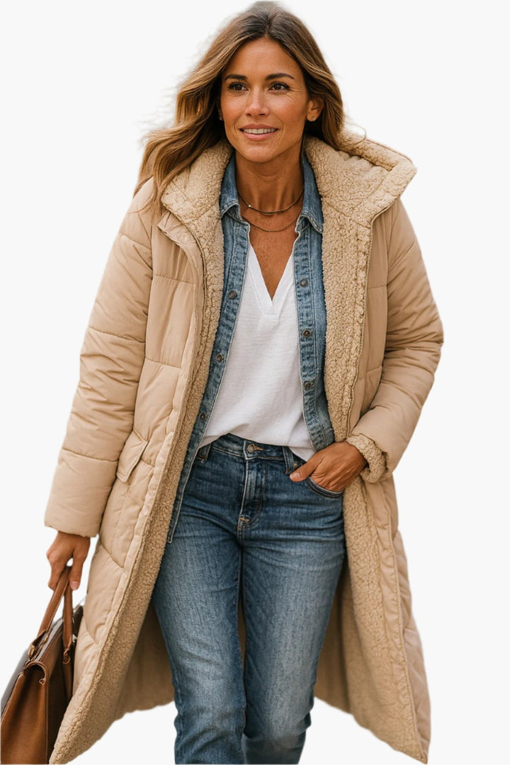Women's Long Hooded Puffer Jacket - Alma - Beige