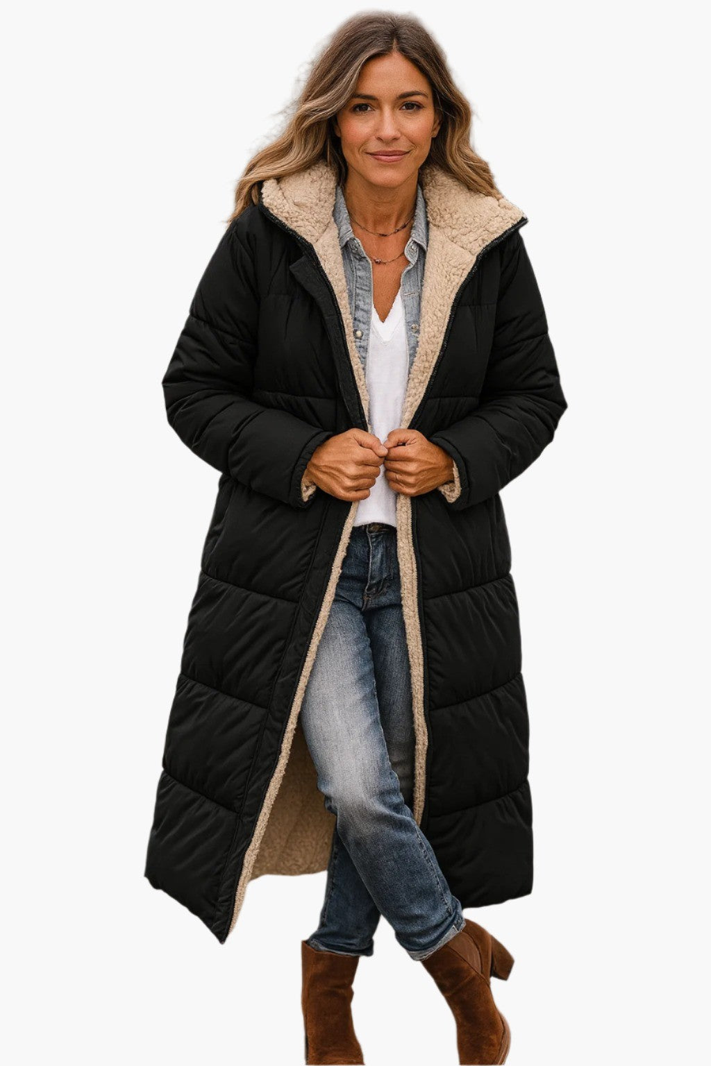 Women's Long Hooded Puffer Jacket - Alma - Black