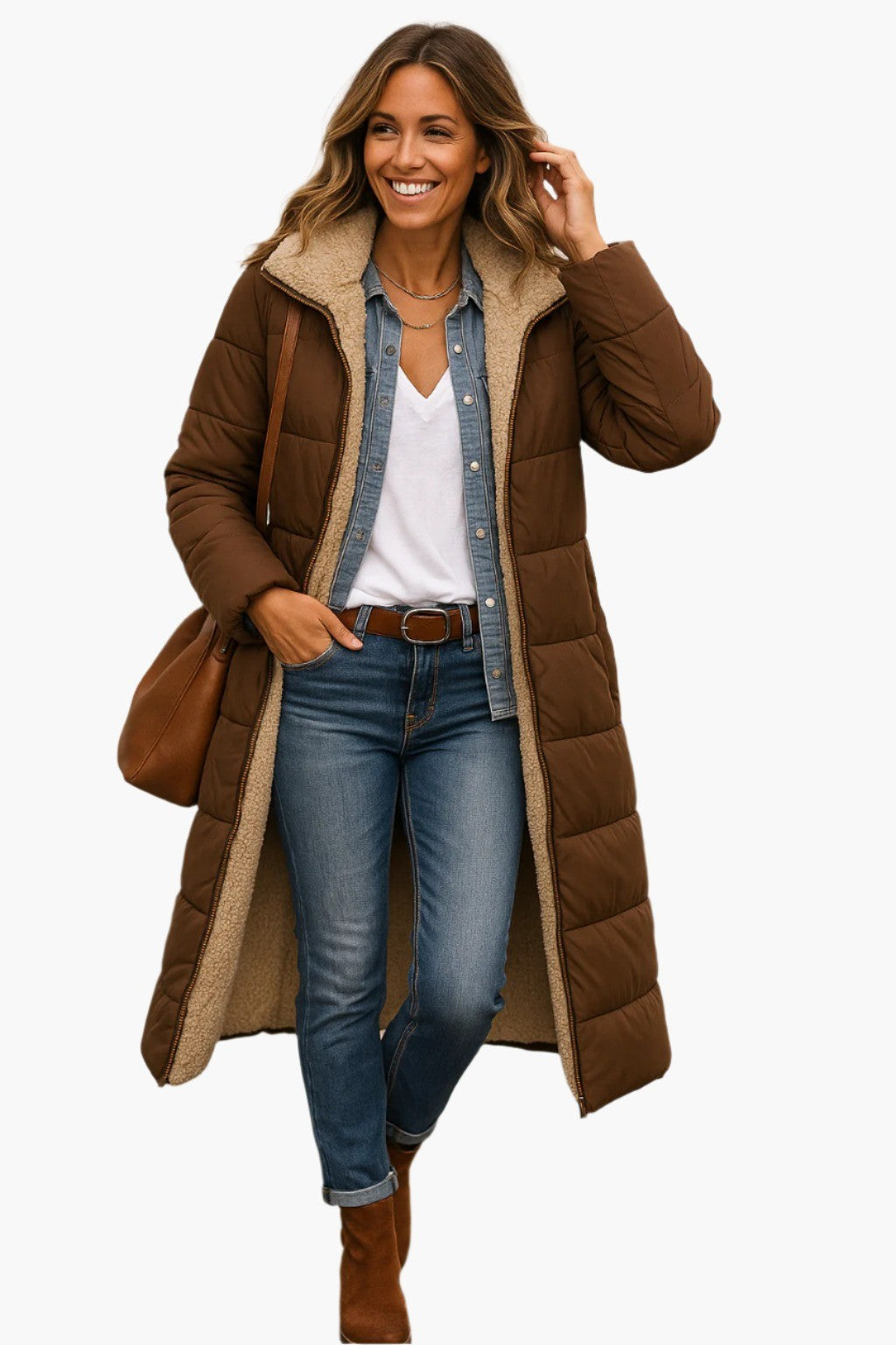 Women's Long Hooded Puffer Jacket - Alma - Brown