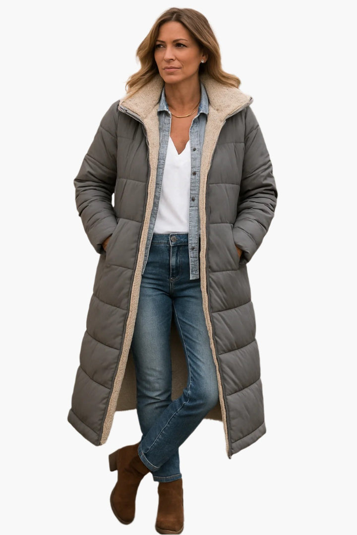 Women's Long Hooded Puffer Jacket - Alma - Gray