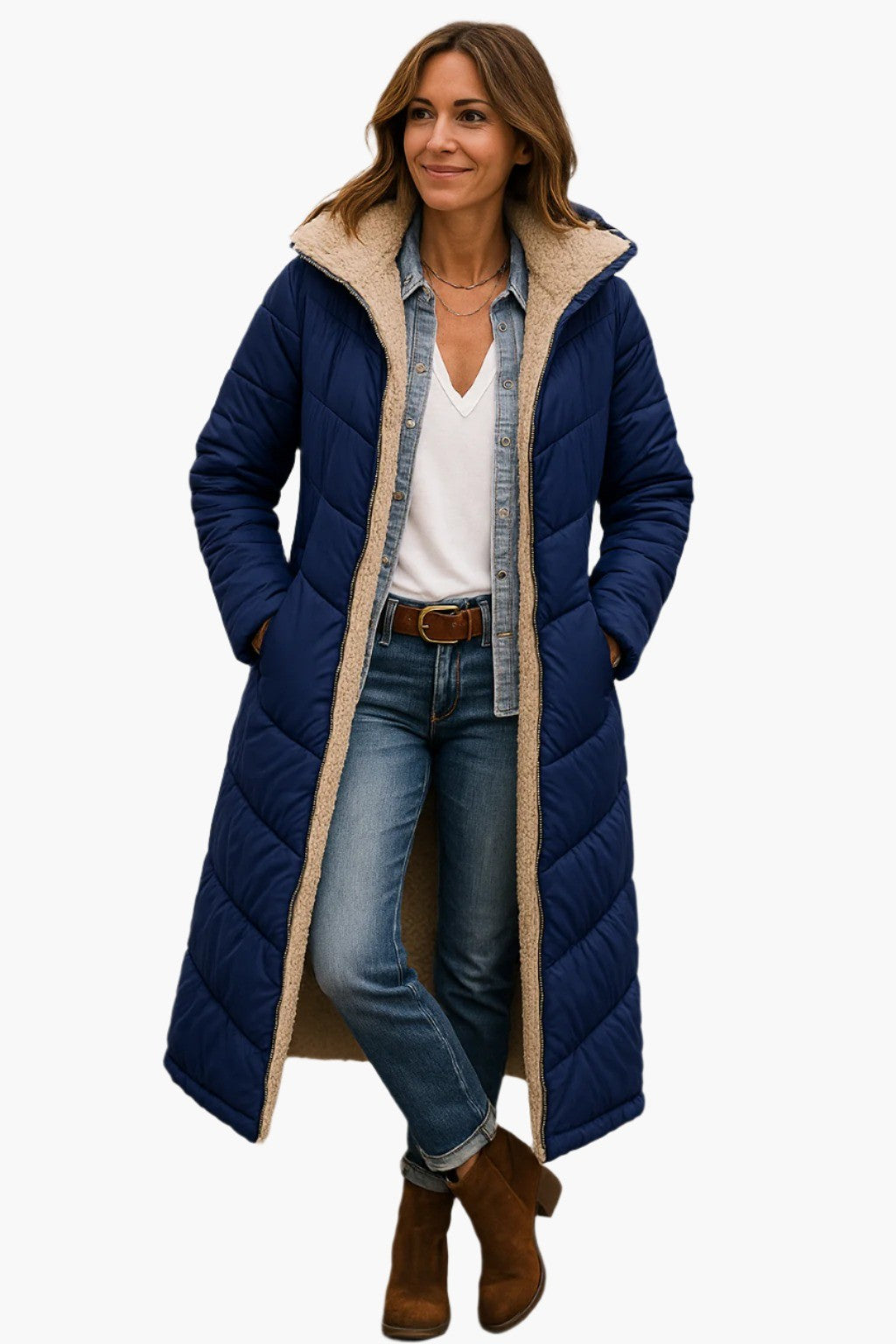 Women's Long Hooded Puffer Jacket - Alma - Navy
