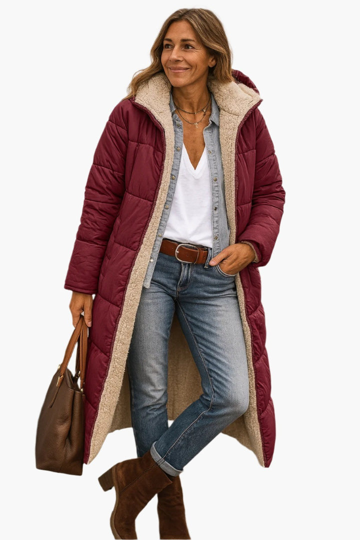 Women's Long Hooded Puffer Jacket - Alma - Wine Red