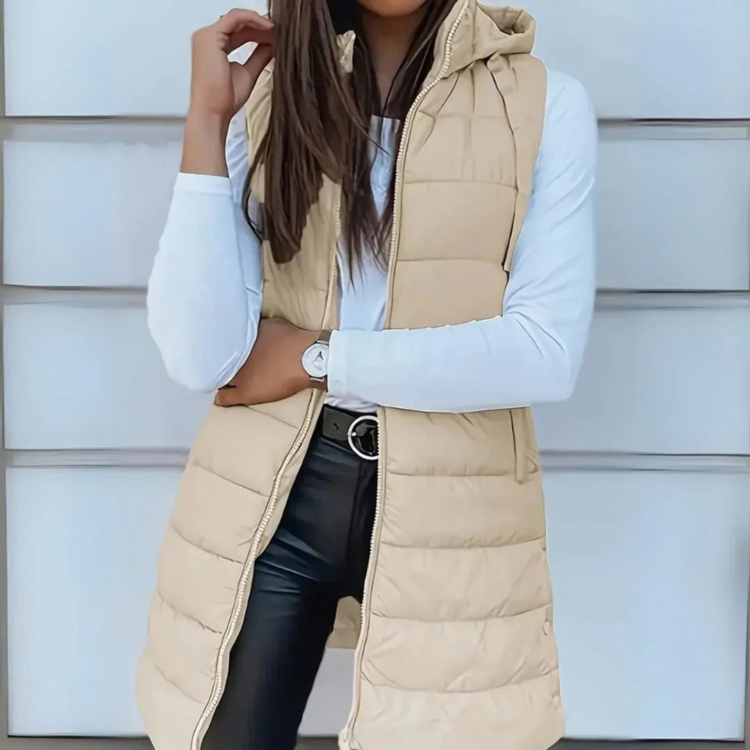 Women's Long Hooded Puffer Vest - Mila - Beige