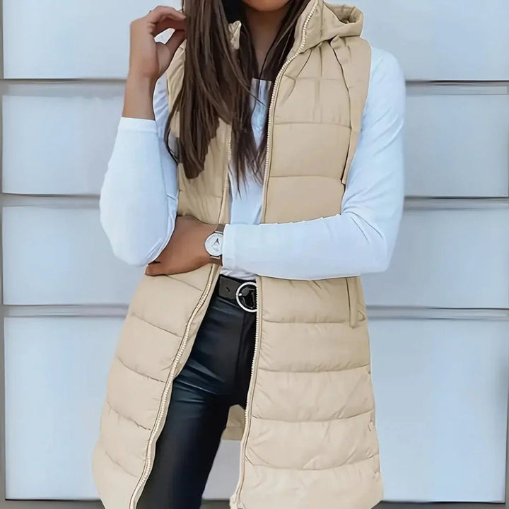 Women's Long Hooded Puffer Vest - Mila - Beige