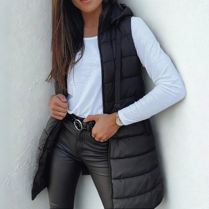 Women's Long Hooded Puffer Vest - Mila - Black