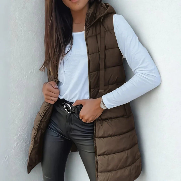 Women's Long Hooded Puffer Vest - Mila - Brown