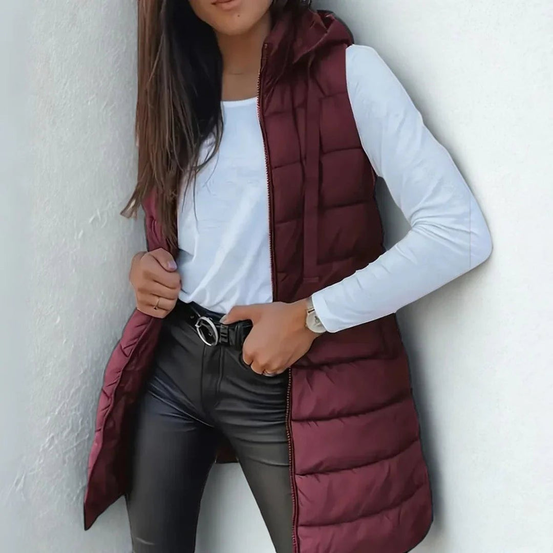 Women's Long Hooded Puffer Vest - Mila - Burgundy