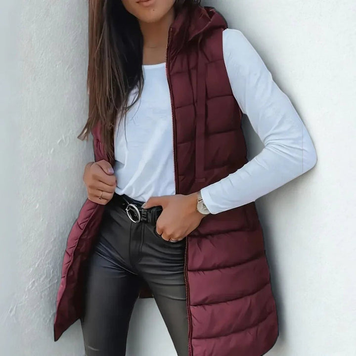 Women's Long Hooded Puffer Vest - Mila - Burgundy