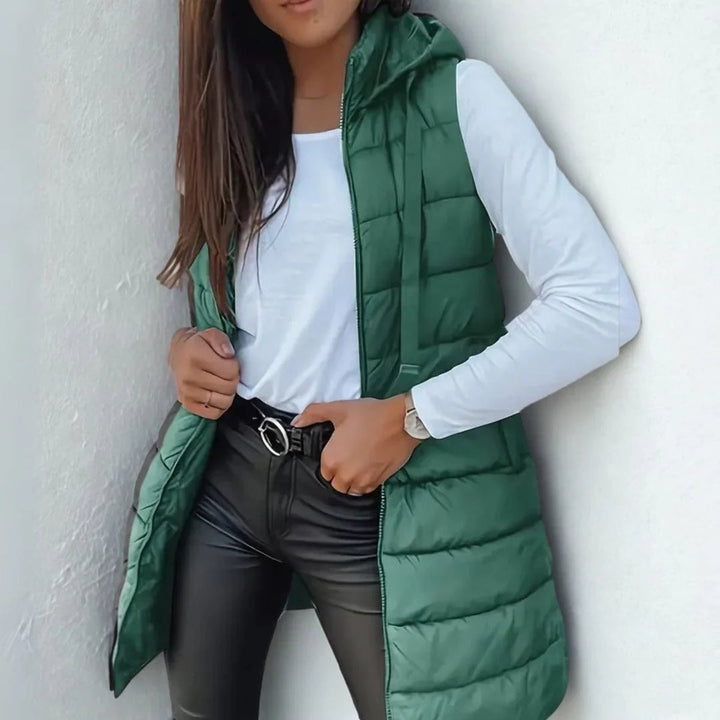 Women's Long Hooded Puffer Vest - Mila - Green