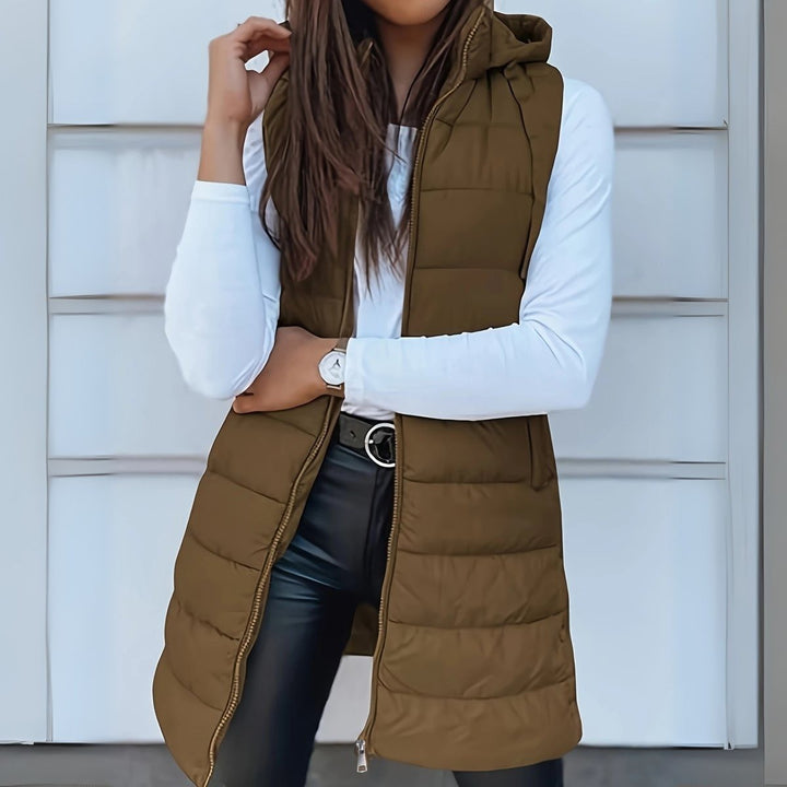 Women's Long Hooded Puffer Vest - Mila - Khaki