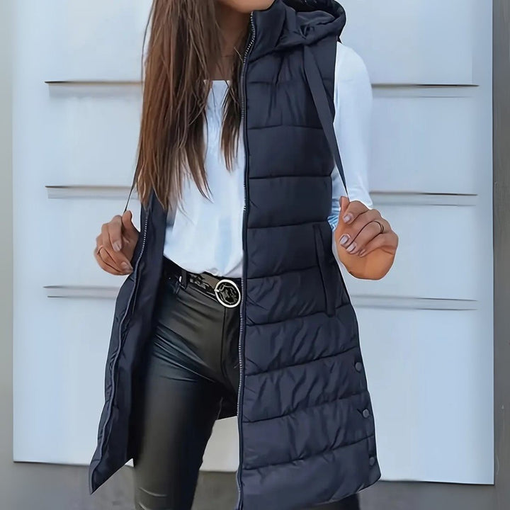 Women's Long Hooded Puffer Vest - Mila - Navy