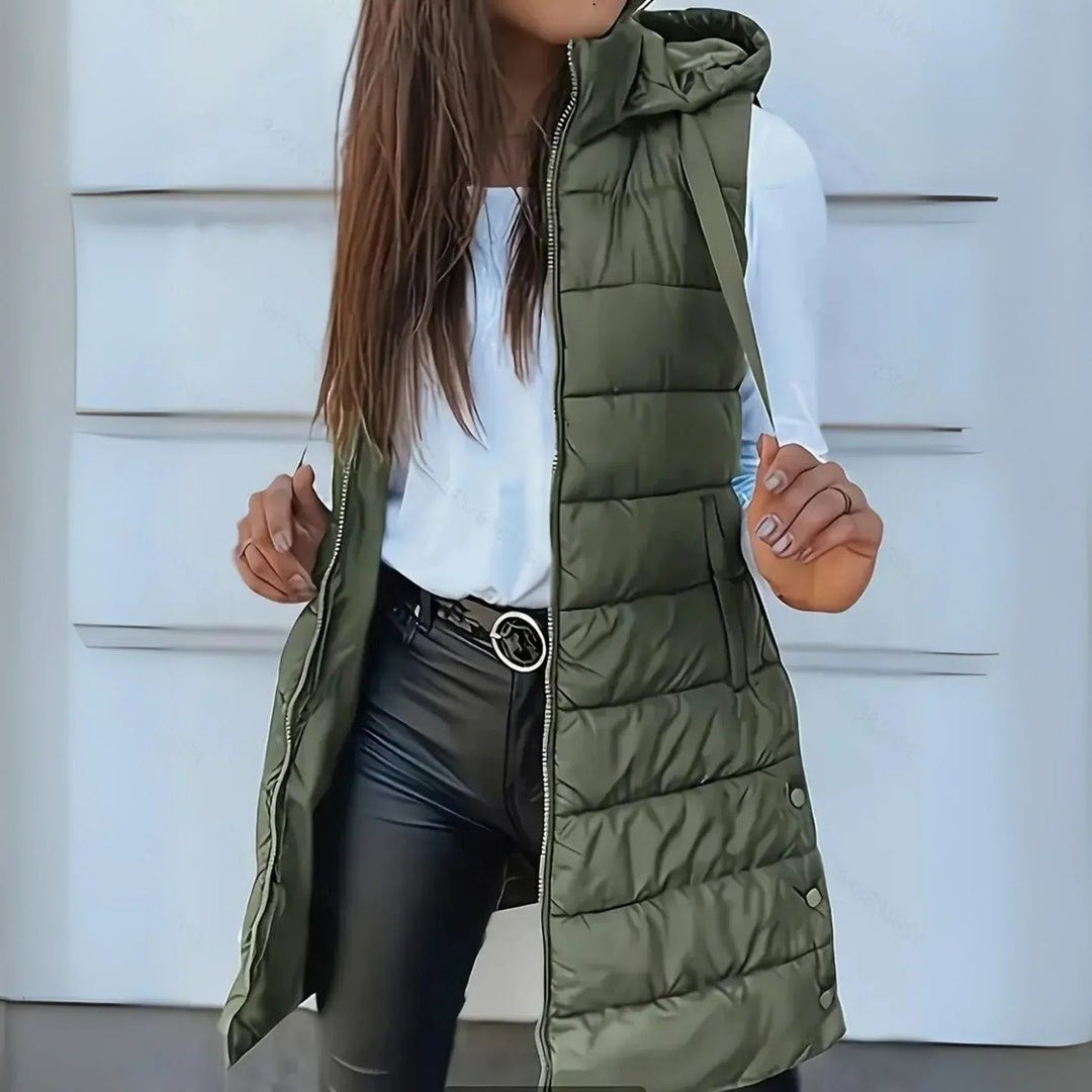 Women's Long Hooded Puffer Vest - Mila - Olive