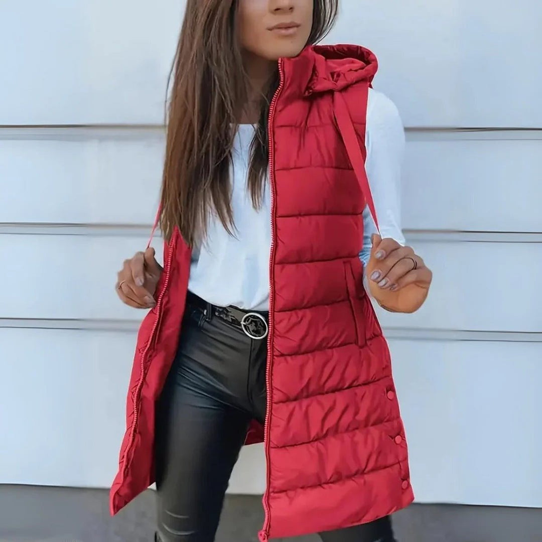 Women's Long Hooded Puffer Vest - Mila - Red