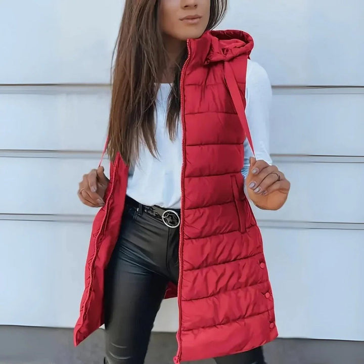 Women's Long Hooded Puffer Vest - Mila - Red
