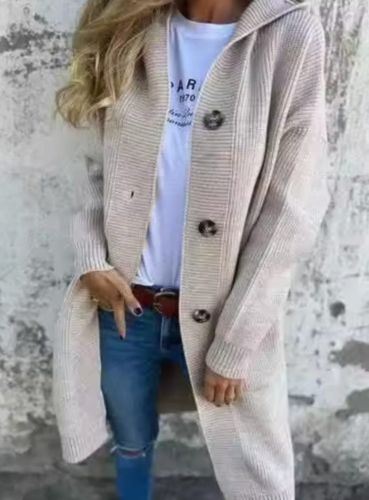 Women's Long Hooded Sweater Coat with Pockets - Blair - Beige